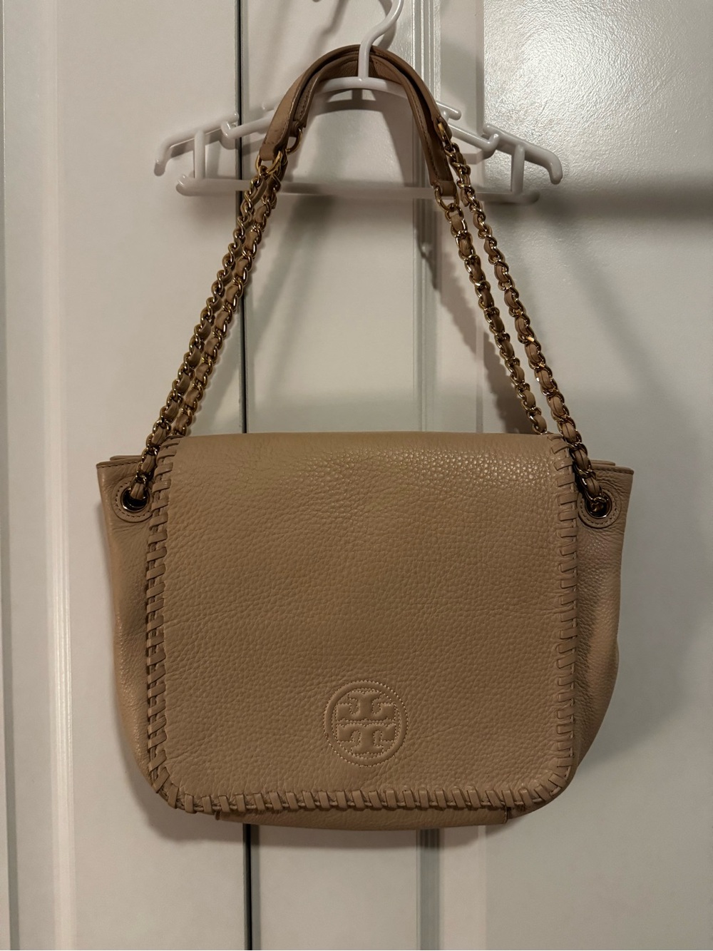 Tory Burch Blush Leather Whipstitch Shoulder Bag with Gold Chain